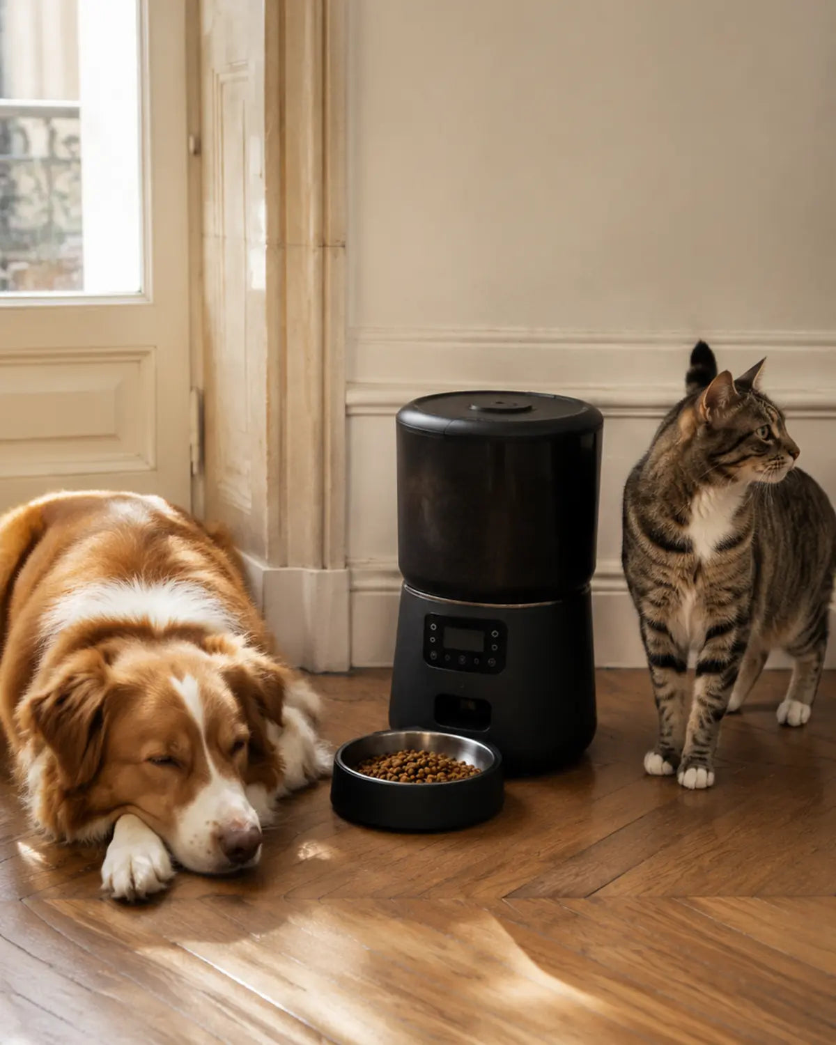 Chien et chat près du Distributeur Sérénité noir