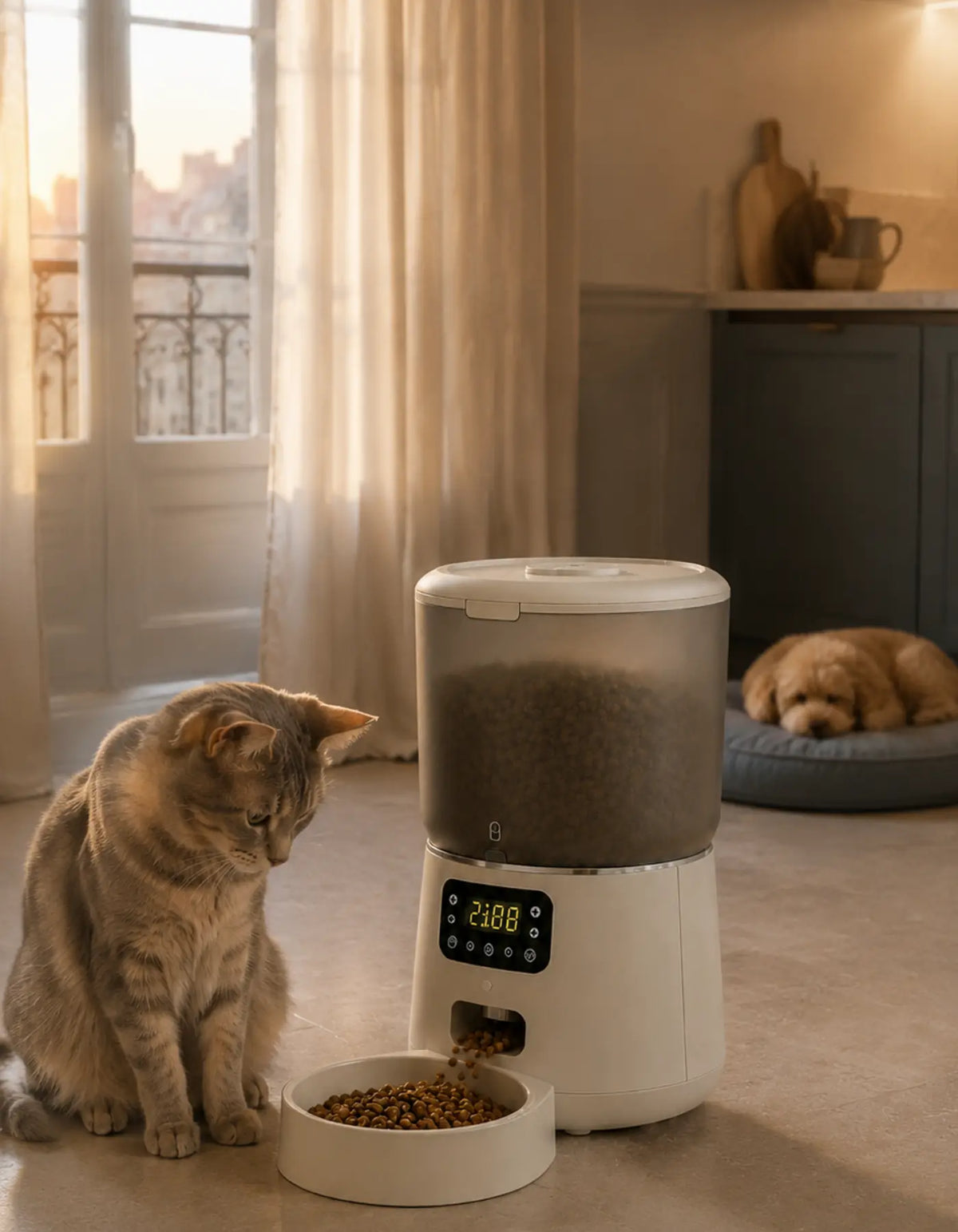 Distributeur Sérénité ivoire dans un intérieur avec un chat et un chien