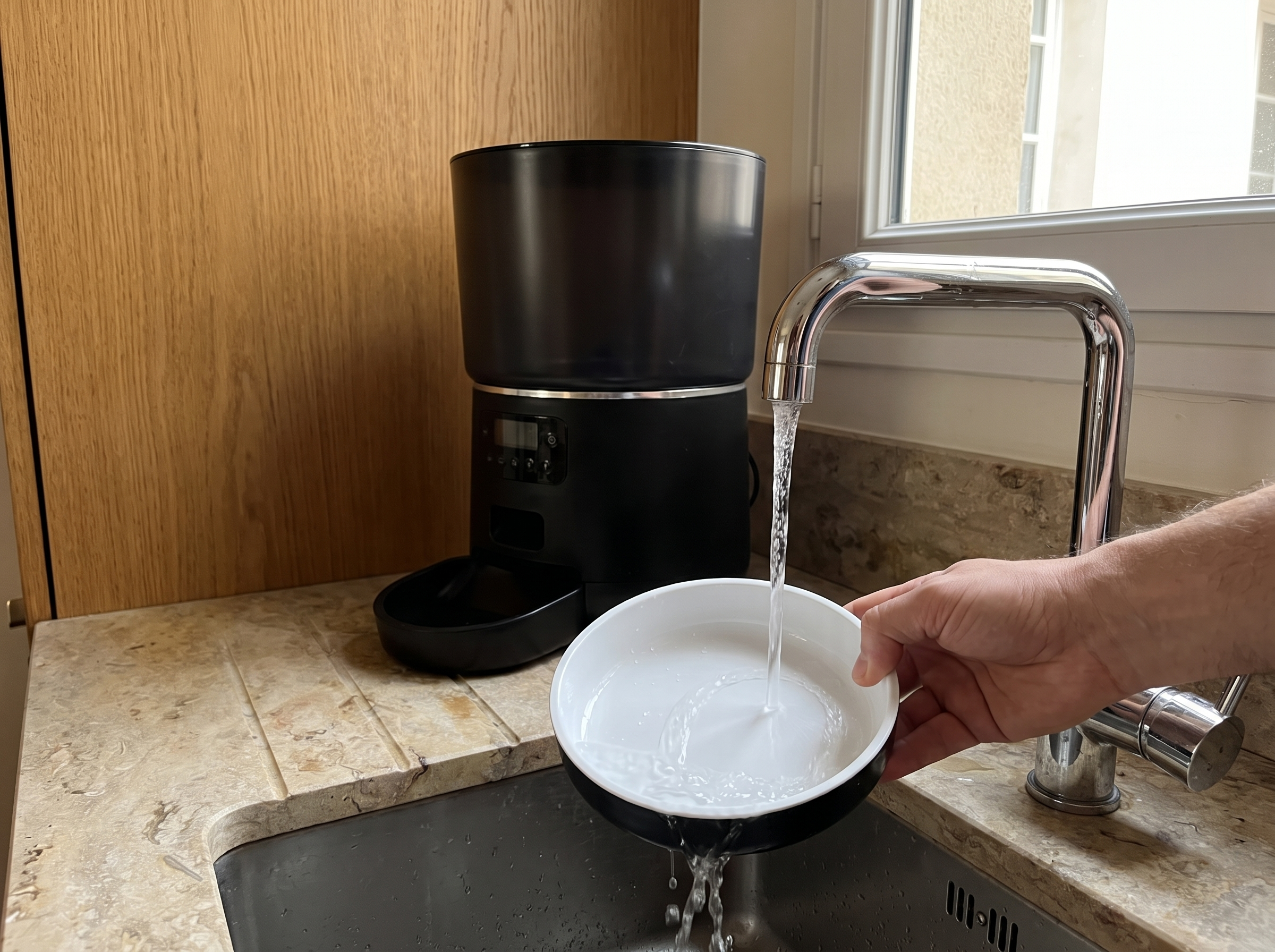 Gamelle du distributeur Maison Orynéa rincée sous un robinet